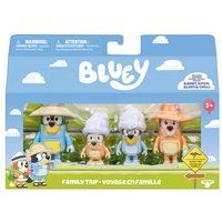 Bluey 4-delige set figuren vakantie met het gezin; beweegbare figuren (6,3 cm), Bingo, Bandit en Chilli; met accessoires; naspelen van de beste momenten uit de animatieserie