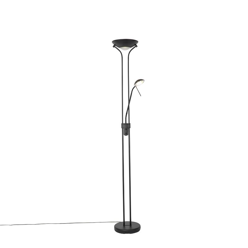 QAZQA Diva Vloerlamp - Zwart - LED - Dimbaar - Incl. Leeslamp