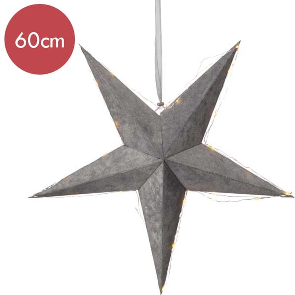 Star Grijze kerstster met 40 micro LED lampjes op batterijen -60cm -lichtkleur: Warm Wit -Werkt op batterijen -Met timer functie -Kerstdecoratie