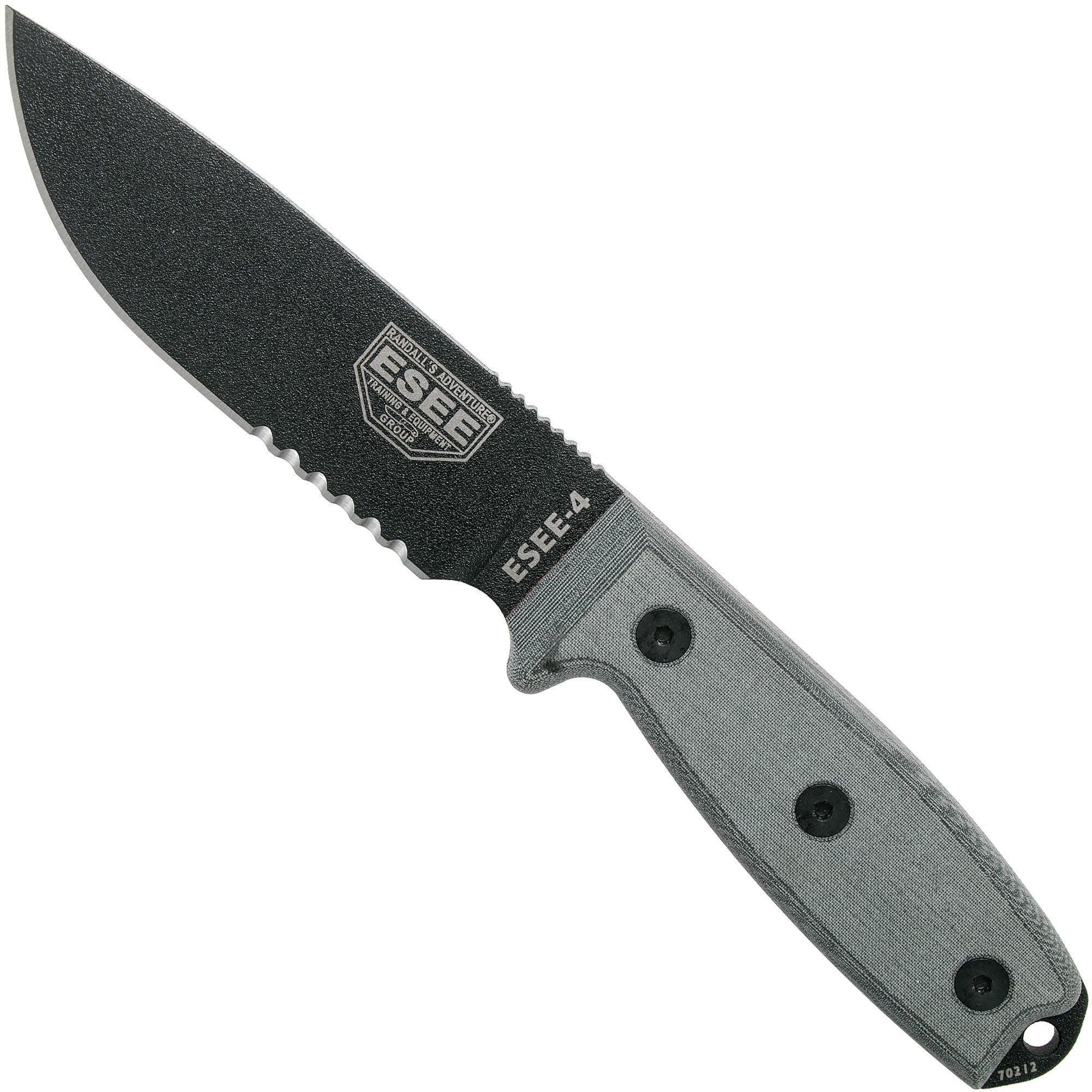 ESEE Model 4 serrated blade, grey handle 4S-MB-B - Black sheath + clip and MOLLE-back