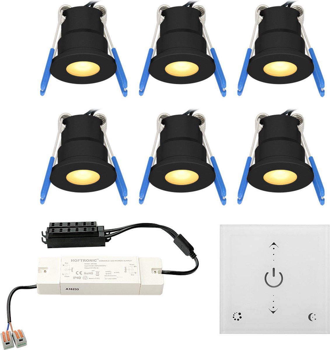 HOFTRONIC Milano - 6x3W Zwarte LED Inbouwspots - Traploos dimbaar - Zwart - IP65 - 2700K