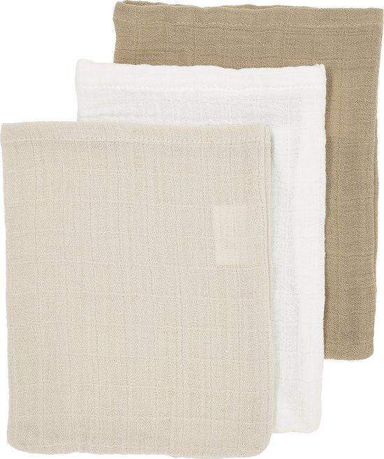 Meyco Baby Uni Hydrofiele Washandjes - 3 Stuks - Offwhite/Soft sand/Taupe