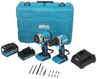 DEDRA gereedschapset in koffer SAS+ALL, schroevendraaier, slagmoersleutel, twee accu's (2Ah, 4Ah), lader, 13-delige accessoire set, accuboormachine/schroevendraaier, lithium-ion