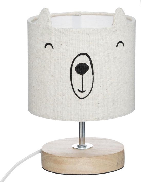 Atmosphera nachtlamp kind beer met lampenkap - Tafellamp - Bureaulamp met houten voet - H21 cm
