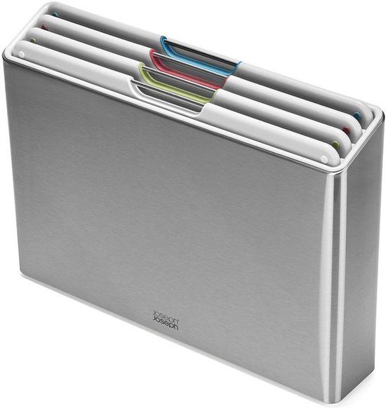 Joseph Joseph Folio™ Steel Set van 4 kleur-gecodeerde snijplanken in RVS houder (Light Stone)