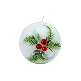 Elegante bolkaars, tafelkaars, decoratieve kaars, waskaarsen met kerstmotief, kerstkaars als bol van 8 cm met dennentakken en bessen, in wit, rood en groen.