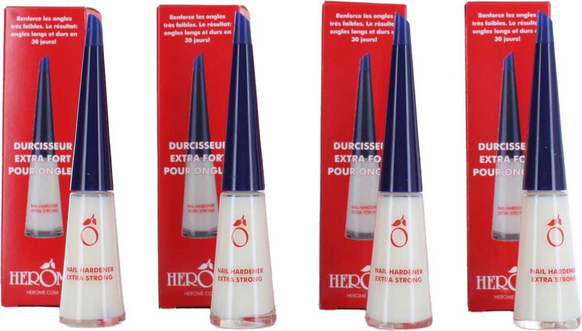 Herome 4-Pack Nagelverharder Extra Sterk en Base Coat - Nail Hardener Extra Strong- Nagelversterker voor Zwakke en Gevoelige Nagels - TFS Hars- en Tolueenvrij - 4*10ml