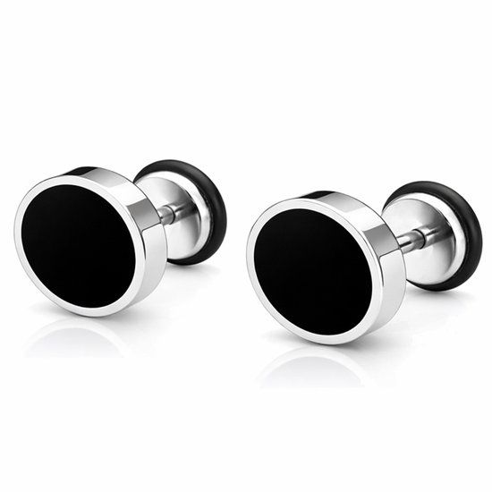 Mendes heren oorbellen Edelstaal Zwart Zilverkleurig-6mm