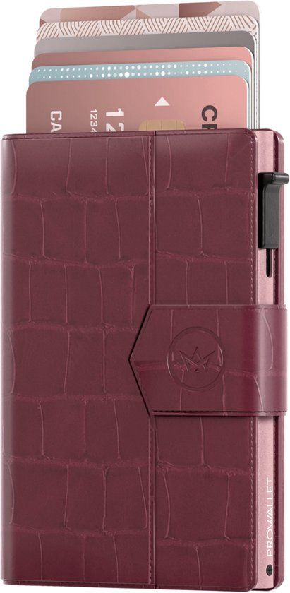 Prowallet Plus - Croco Bordeaux - Pasjeshouder voor 8 pasjes, briefgeld en muntgeld - Uitschuifbaar - RFID Creditcardhouder - Kaarthouder Portemonnee, Premium Pashouder voor Vrouwen - Aluminium, Kunstleer - Incl. Luxe Cadeaubox