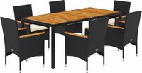 vidaXL 7-delige tuinset met kussens, zwart, polyrotan, acaciahout