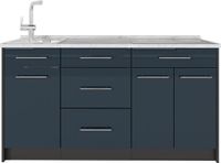 Vicco Keukenblok Fame-Line, Donkerblauw hoogglans, 150 cm, WB Marmer