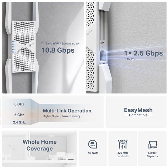 TP-Link RE655BE Tri-Band Wi-Fi 7 versterker repeater BE9300, tot 5764 Mbit/s (6 GHz) + 2882 Mbit/s (5 GHz) + 688 Mbit/s (2,4 GHz), EasyMesh, 1 × 2,5 Gigabit LAN-poort, 4 x externe antennes, WPA3