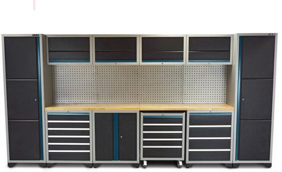 HBM Professional Deluxe modulair werkplaatssysteem 16-delig, staal/houten werkblad, zwart/blauw, 405 x 51 x 204 cm