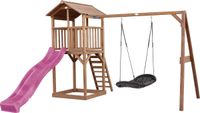 AXI Beach Tower Speeltoestel in Bruin - Speeltoren met Roxy Nestschommel, Paarse Glijbaan en Zandbak - FSC hout - Speelhuis op palen voor de tuin