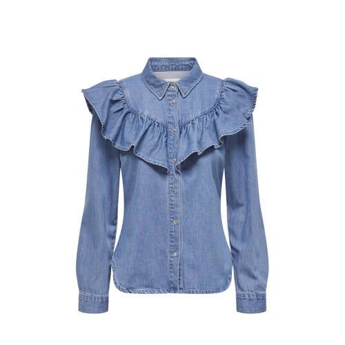 ONLY ONLINDIGO Denim Blouse with Ruffle - Medium Blue