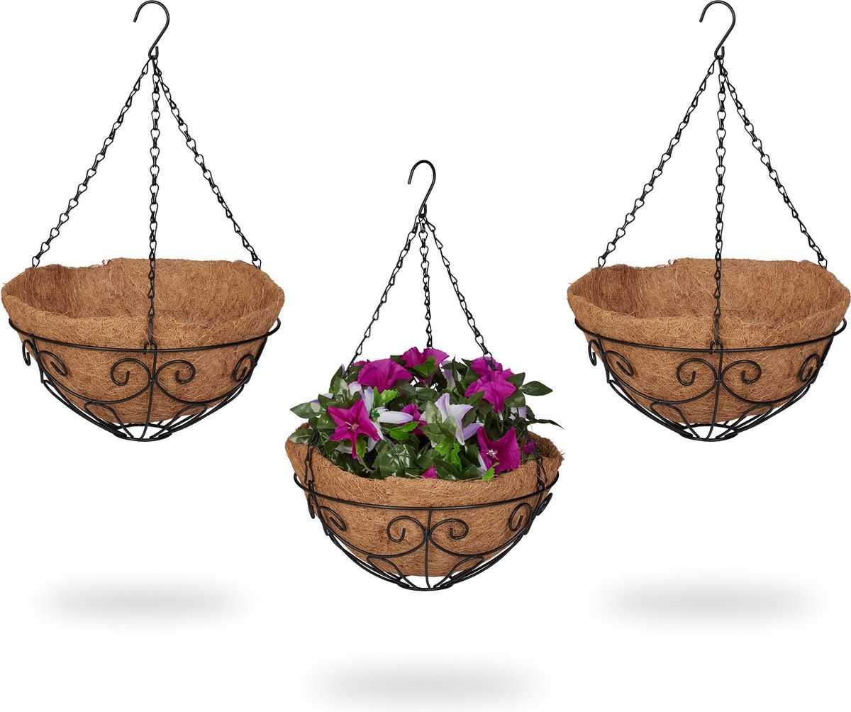 Relaxdays Hangende Plantenmand Kokos - Set van 3 - Plantenhangers - Hanging Basket 31 cm