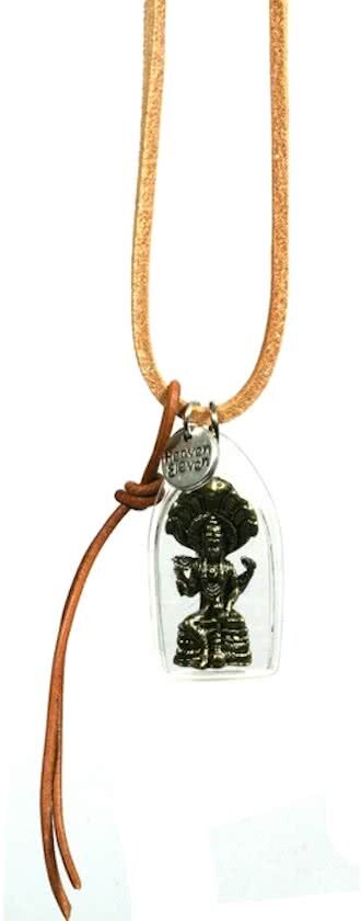 Heaven Eleven - heren ketting - Leer naturel koord - met een grote buddha in glas - 80cm