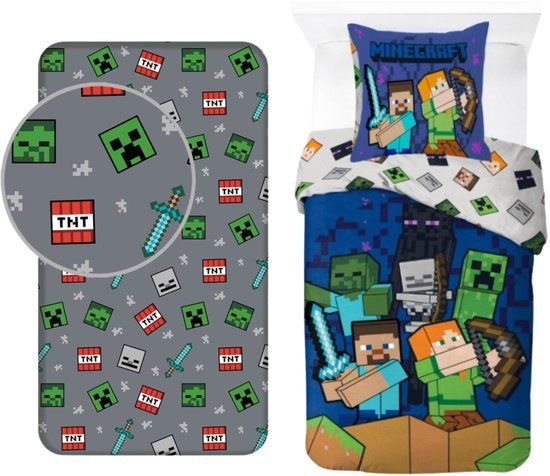 4KidsOnly Minecraft Dekbedovertrek + Hoeslaken Eenpersoons Katoen 140x200 cm