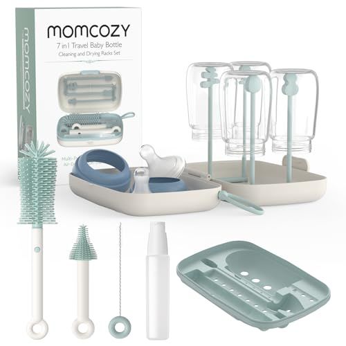 Momcozy Siliconen flessenborstel, reisreinigingsset met speenborstel + wattenstaafje + opbergdoos, geïntegreerde drooghouder, klaar voor babyuitstapjes