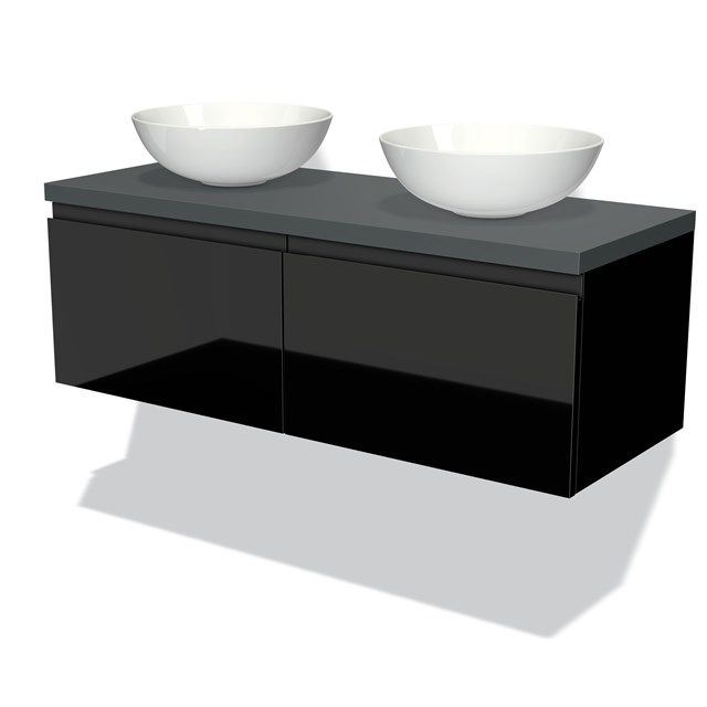 Maxaro Badkamermeubel Modulo Plato 120cm Hoogglans Zwart 2 Lades Greeploos Donkergrijs Blad