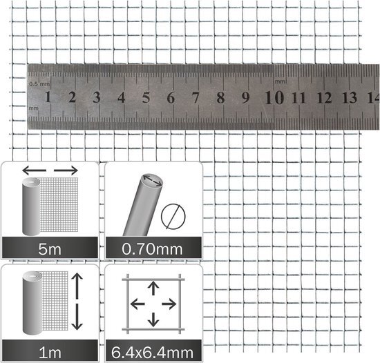 Olba Muizengaas Verzinkt gaas 6.4x6.4x0.70mm rol 5x1.0m