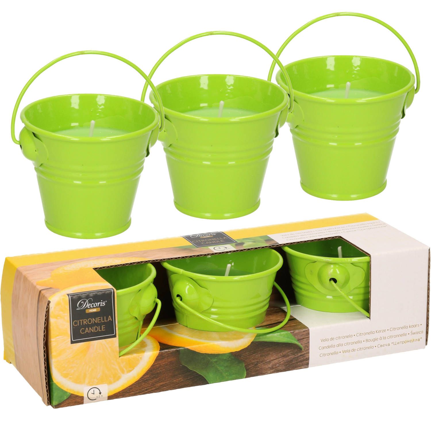 Decoris Set van 6x anti muggen Citronella kaarsjes in groen zinken potje - Geurkaarsen citrus geur - Anti-muggen kaarsen
