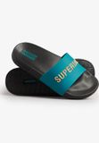Superdry - Vegan Code badslippers met logo - Dames - Zwart/Diep meer turquoise/Metallic goud