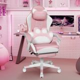 Puluomis - Gaming stoel - Bureaustoel - Katten lendenkussen - Kunstleer - Hoogte verstelbaar - 90°-135° kantelbaar - Wit Roze