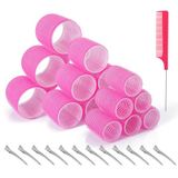 Romon 31 stuks roze zelfklevende krulspelden, 60 mm, 45 mm, 36 mm, met 12 haarclips, hittevrij, voor lang en kort haar