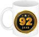 Bellatio Decorations 92 jaar thema koffiemok Medaille - jubileum - verjaardag - zwart met goud - Cadeau beker - 300 ml - keramiek - leeftijden