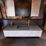 Mondiaz ERIN 150cm badmeubelset onderkast kleur carrara met 1 lade Wastafel RIDGE midden 1 kraangat kleur Dark grey ERIN12225