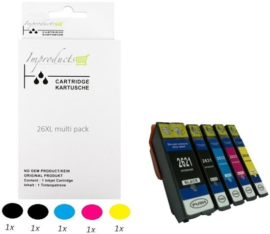 Improducts Â® Huismerk Inktcartridge Alternatief Epson 26XL inktcartridge 5 pack cartridges (1x T2621 XL zwart, 1x T2631 XL foto zwart, 1x T2632 XL Cyaan, 1x T2633 XL Magenta, 1x T2634 XL Geel) = 1x multipack