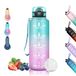 Drinkfles, 1,5 liter, motiverende waterfles zonder lekkage, sportfles met filter, gemakkelijk te reinigen, drinkflessen voor hardlopen, wandelen, kamperen, fietsen, groen-roze
