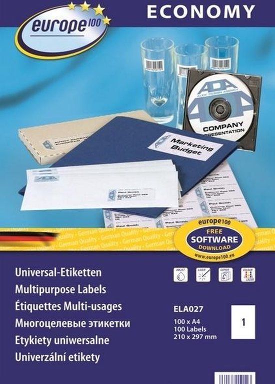 Europe 100 ELA027 Universele etiketten 210 x 297 mm Papier Wit 100 stuk(s) Permanent hechtend Inkjet, Laser (zwart/wit)