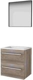 Basic-Line Framed 46 Badkamermeubelset - 60 x 46 cm - Met Grepen - 2 Lades - Acryl Wastafel - 1 Kraangat - Spiegel met Zwart Aluminium Frame - Scotch Oak