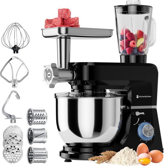 KitchenBrothers Keukenrobot - 6-in-1 Keukenrobot - 1500W - Met Gehaktmolen, Blender en 15 Accessoires - 6,2L RVS Kom - Zwart