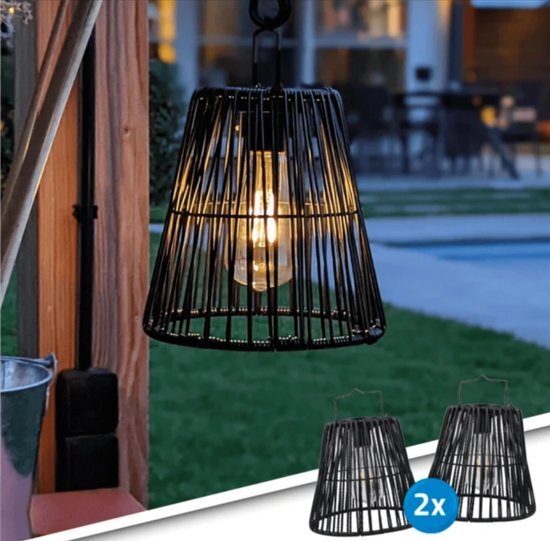 LedKoning Solar hanglamp/tafellamp buiten 'Firenze' met filament led lamp - Voordeelset 2 stuks - Zwarte buitenlamp op zonne-energie