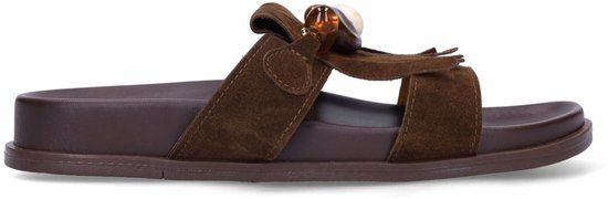 Manfield Dames Bruine Suède Sandalen met Franjes en Kralen Maat 36