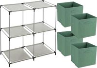 Merkloos Opbergrek 2-laags - metaal - kunststof - grijs - 67 x 68 cm - incl. 4 opbergmanden groen
