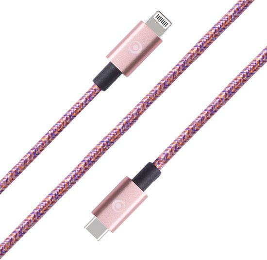 Bigben Connected USB-C/Lightning Geweven Kabel 2m - 3A, Roze