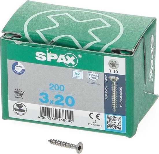 Spax Spaanplaatschroef - 3.0x20mm - RVS - T-Star T10 - 200 stuks