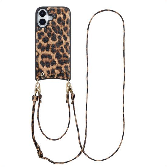 Selencia Hoesje - Geschikt voor Apple iPhone 17 - Backcover met koord en pashouder - Leopard