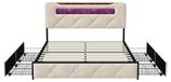 Lit rembourré - Lit double - 140x190 cm avec 4 tiroirs de rangement - Éclairage LED - Port USB - Tête de lit en velours - Sommier à lattes - Beige