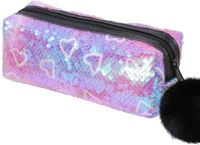Merkloos Pailletten Pennenetui - Holografisch Glitter Etui met Pluizige Hanger - Lila Hart