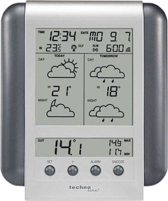 technoline Meteotronic weerstation WM 5412, zilver, 2-delig bestaande uit station en sensor, 13,5 x 2,8 x 16,6 cm