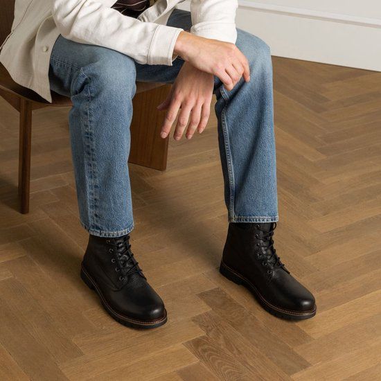 Manfield Zwarte Leren Veterboots Heren Maat 43