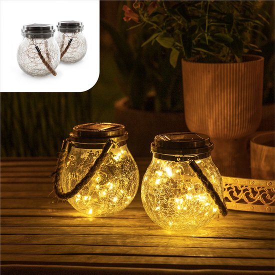 Gadgy Solar Lantaarn Craquelé Glas met 20 fairy lights – Set van 2 - Solar tuinverlichting op zonneenergie – Led buitenverlichting met dag/nacht sensor – Tafellamp / Hanglamp / Tuinlantaarn - 13.5 x Ø12 cm