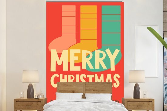 Nr1Wallpaper Behang - Fotobehang Kerstsokken - Illustratie - Kerstmis - Quotes - Spreuken - Merry Christmas and Happy New Year - Breedte 170 cm x hoogte 260 cm