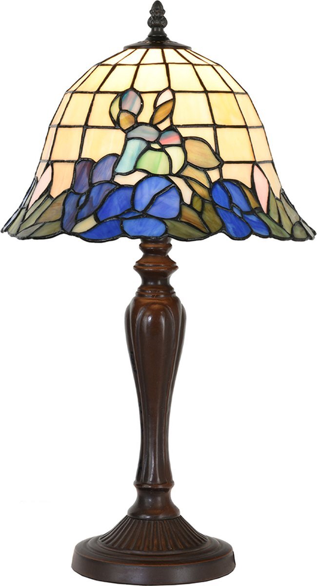 Lumilamp Tiffany Tafellamp Ø 29x53 cm Blauw Beige Glas Kunststof Rond Bloemen Tiffany Bureaulamp Tiffany Lampen Glas in Lood