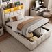 OKWISH lit rembourré 90x200 cm beige tissu avec rangement et LED